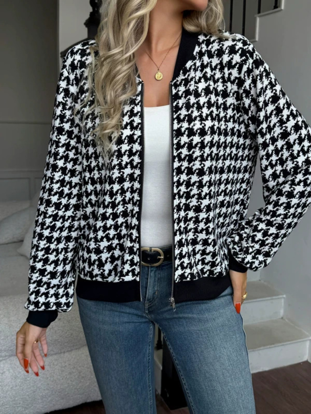 ZARA Women Fall Houndstooth Zip Jacket Loose Slimming Casual